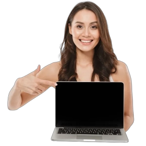 Mujer feliz vendiendo su computador MacBook usado programa de recompra